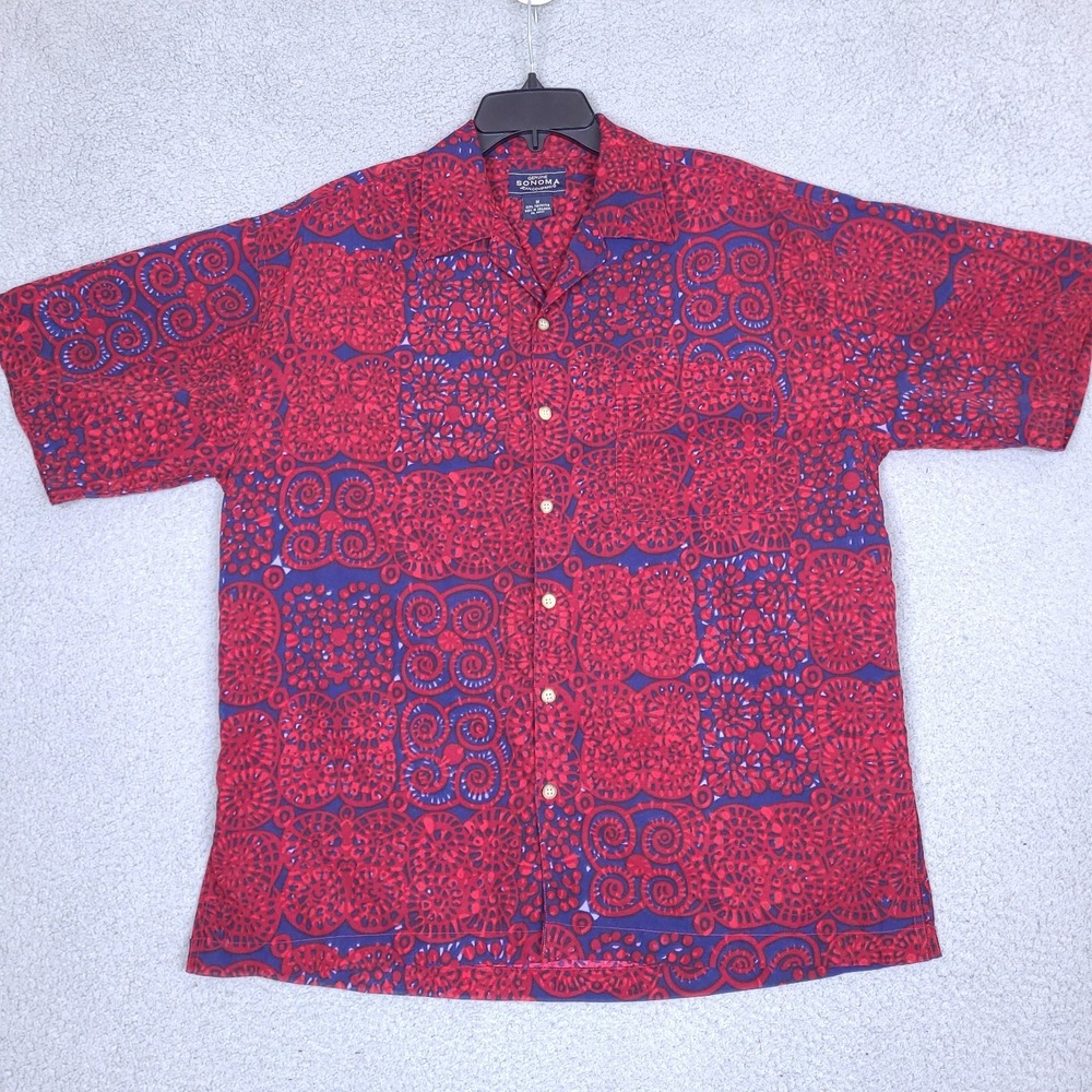 Sonoma Camp Shirt Men's Medium Button‎ Down Geometric Pattern Red Blue Hawaiian